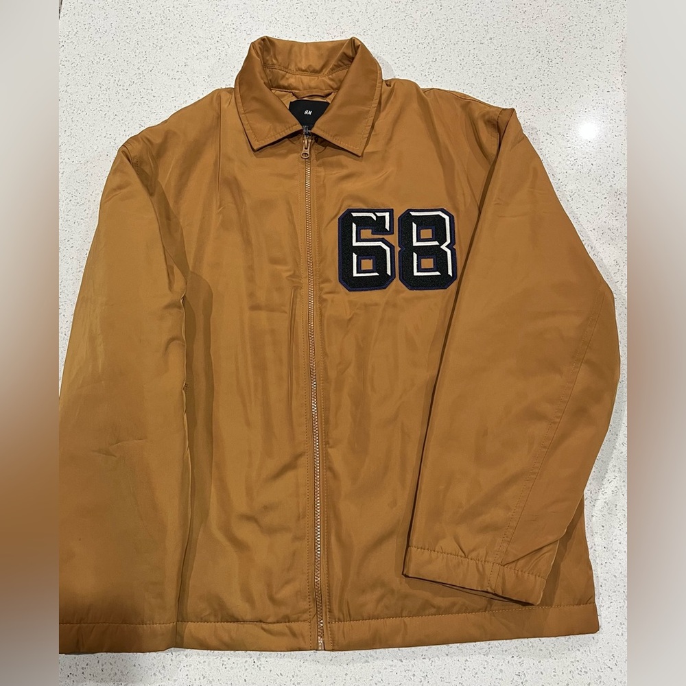 Mens H&M Varsity Letterman Style Jacket Size Large Cognac W/Navy Patchwork